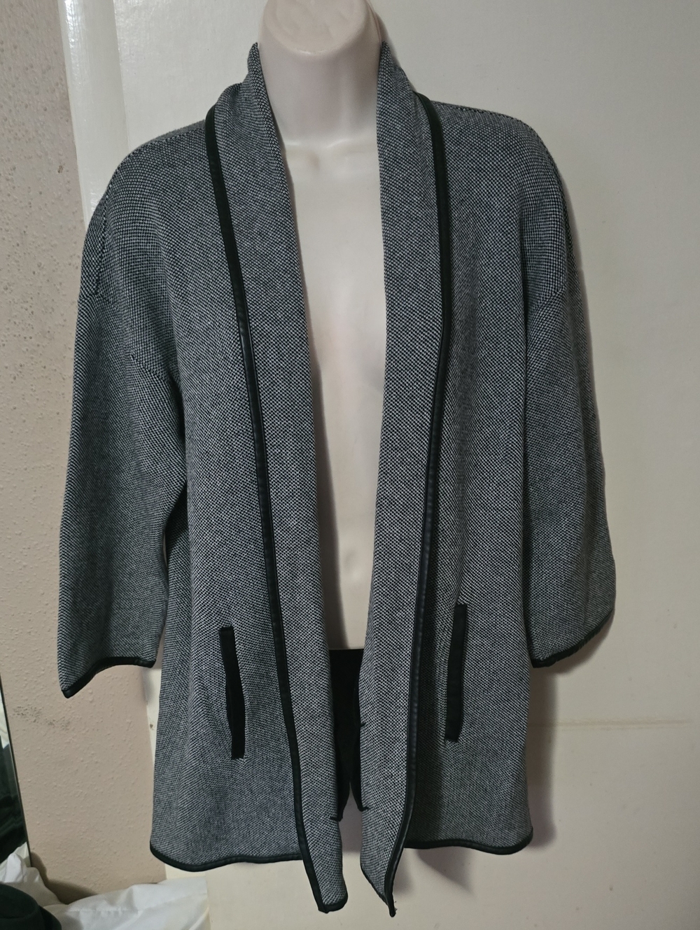 Chico's Open-Front Gray Herringbone Knit Cardigan with Black Trim